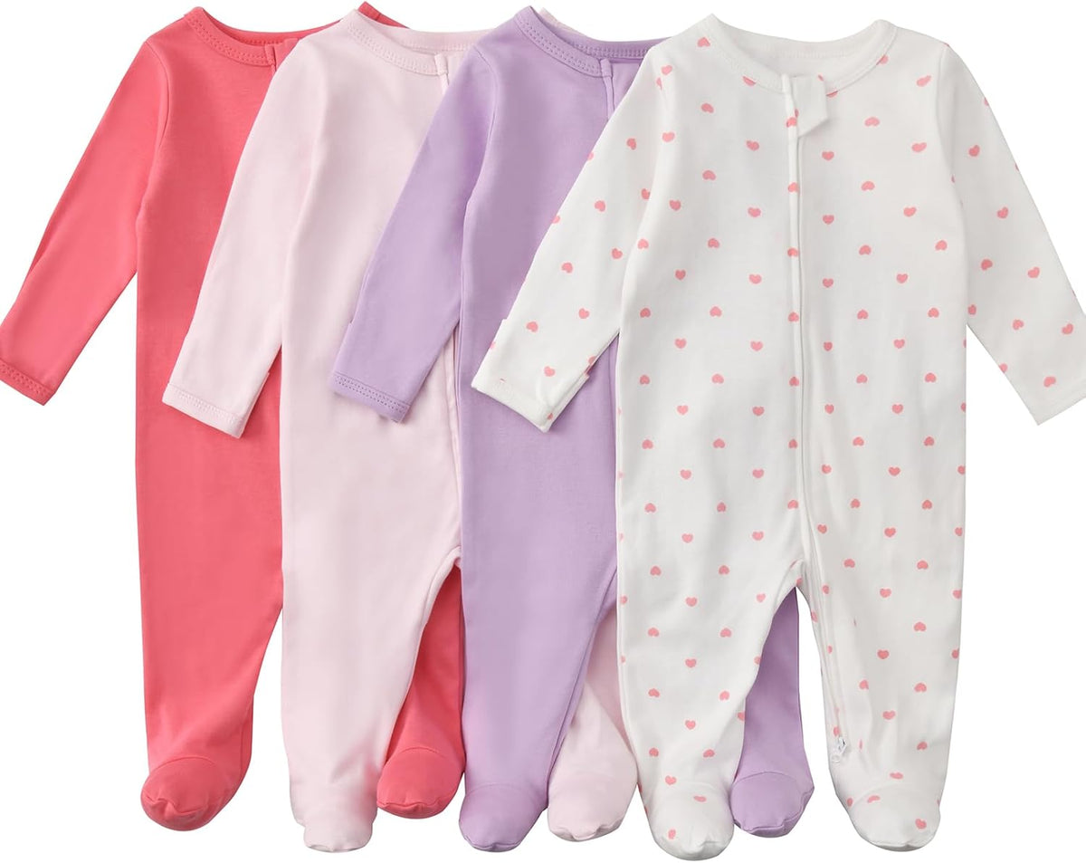 Aablexema Baby Footed Pajamas with Mitten Cuffs Zipper 4-Pack Infant Newborn Cotton Long Sleeve