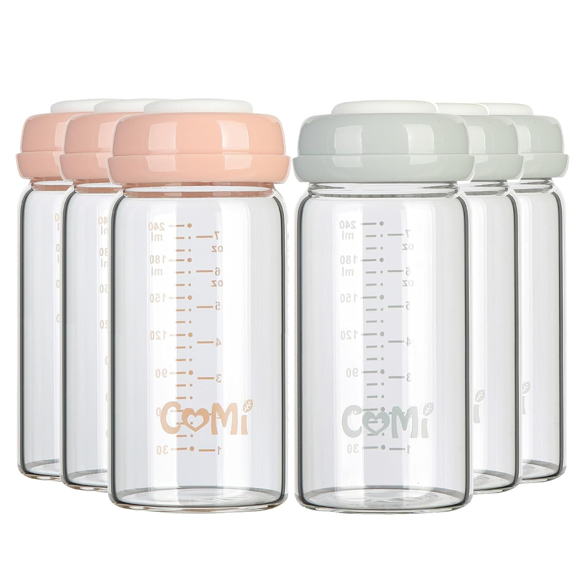 COMI Wide Neck Glass Breastmilk Collection n Storage Bottle, 6 Packs, 8oz with Screw Ring Sealing