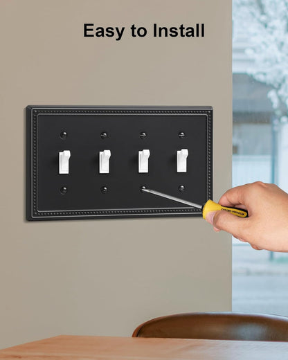2-Pack Quad Toggle Light Switch Cover Plate, 4 Gang Metal Switch Plate Covers, Black Pearls