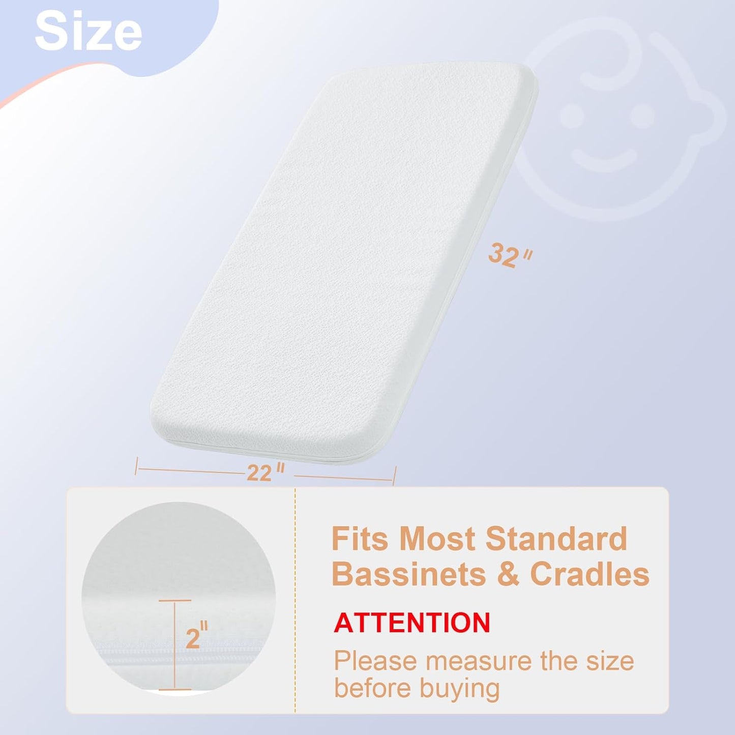NeoBorn Baby Bassinet Mattress Pad, 32" x 22" Dual Sided Comfort Gel Memory Foam Mattress with