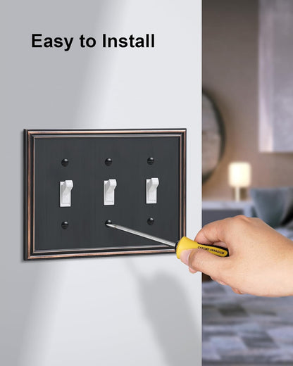 2-Pack Triple Toggle Light Switch Cover Plate, Durable Solid Zinc Alloy Decorative Switch Plate