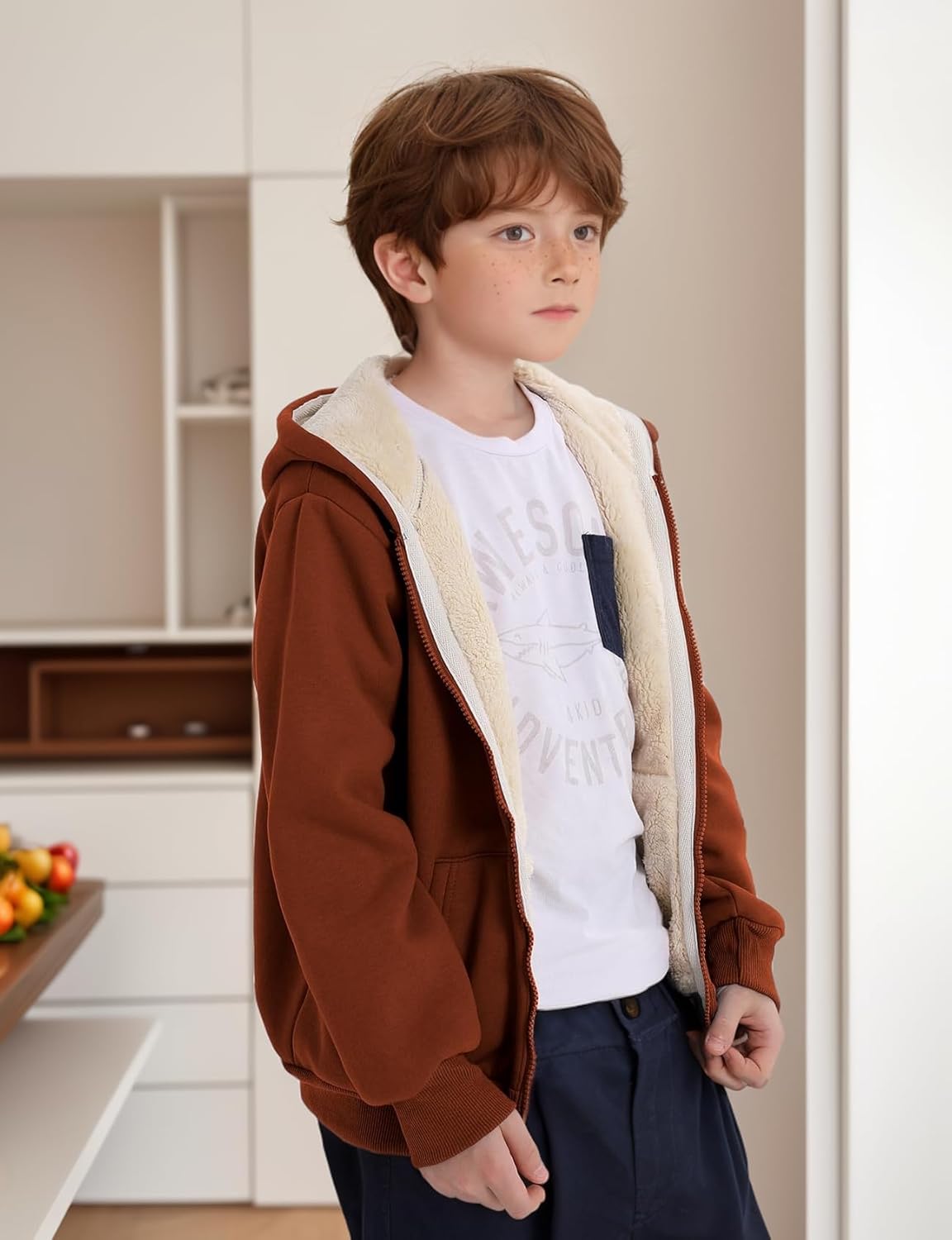Gihuo Unisex Boy's Girls Winter Warm Sherpa Lined Zip Up Sweatshirt Fleece Jacket Kid's Hoodie