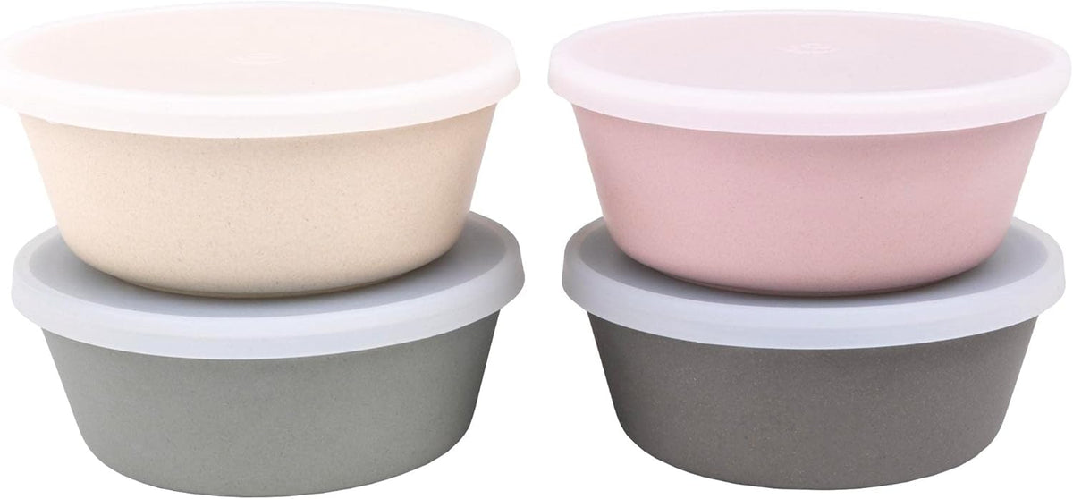 WeeSprout Bamboo Kids Bowls with Lids, Set of Four 10 oz Kid-Sized Dinnerware, Cereal, Leftovers &