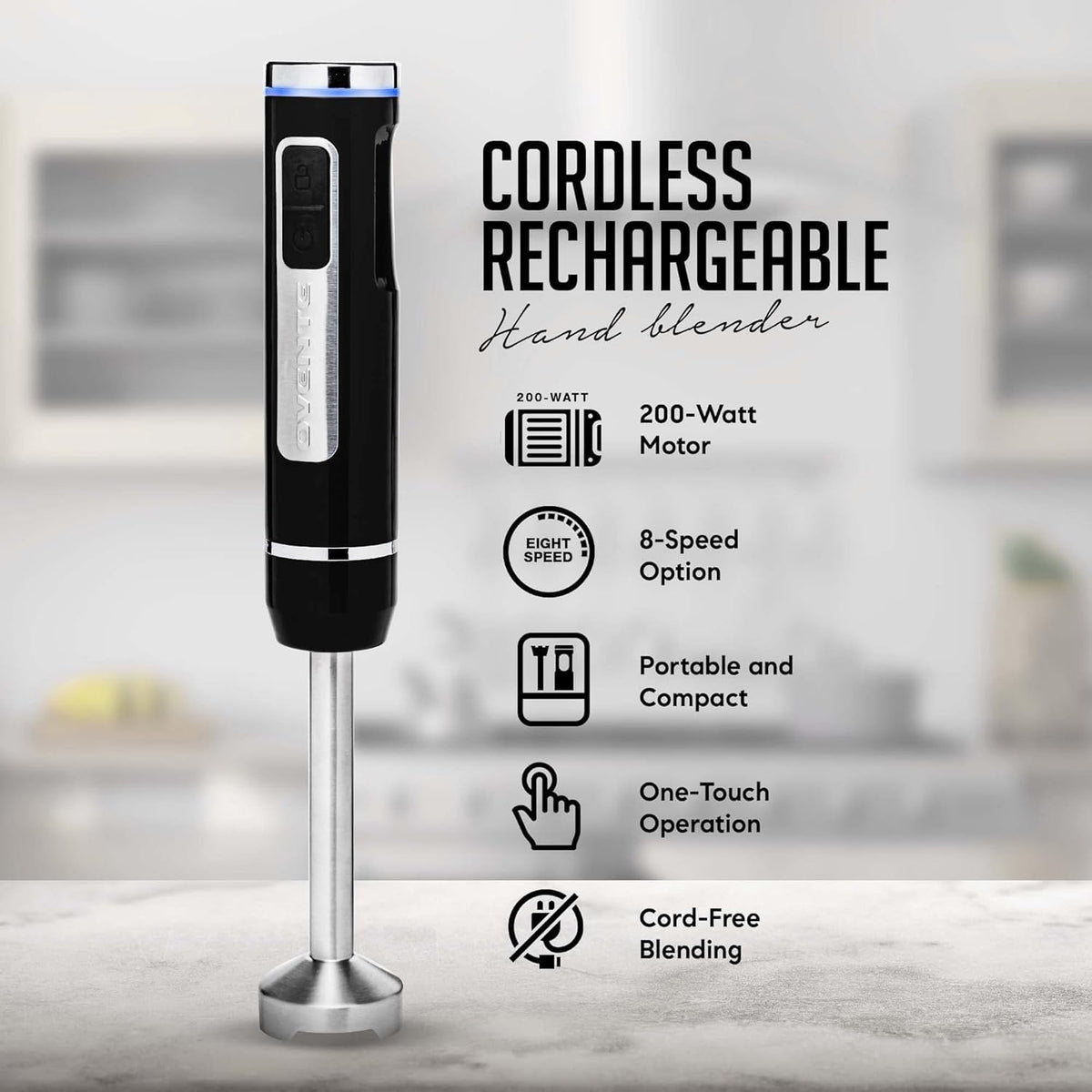 OVENTE Cordless Immersion Hand Blender, Rechargeable Handheld Portable Stick Mixer with 8 Mixing