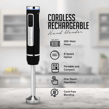 OVENTE Cordless Immersion Hand Blender, Rechargeable Handheld Portable Stick Mixer with 8 Mixing