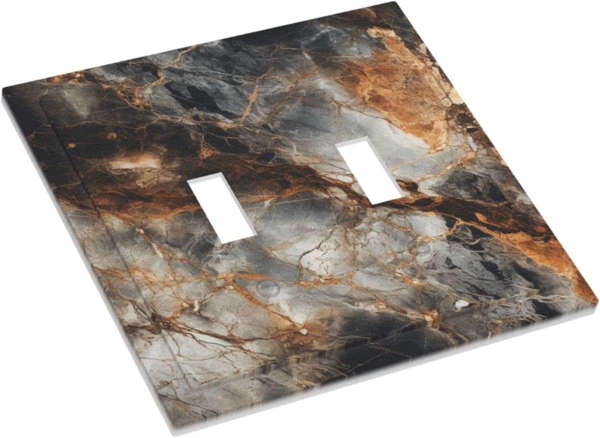 Brown Marble Granite Golden Lines Print Decorative Switch Plates 2 Gang Double Toggle Outlet Light