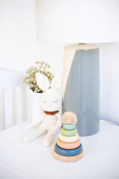 Pearhead Wooden Rainbow Stacking Ring Toy, Montessori Baby Stacker