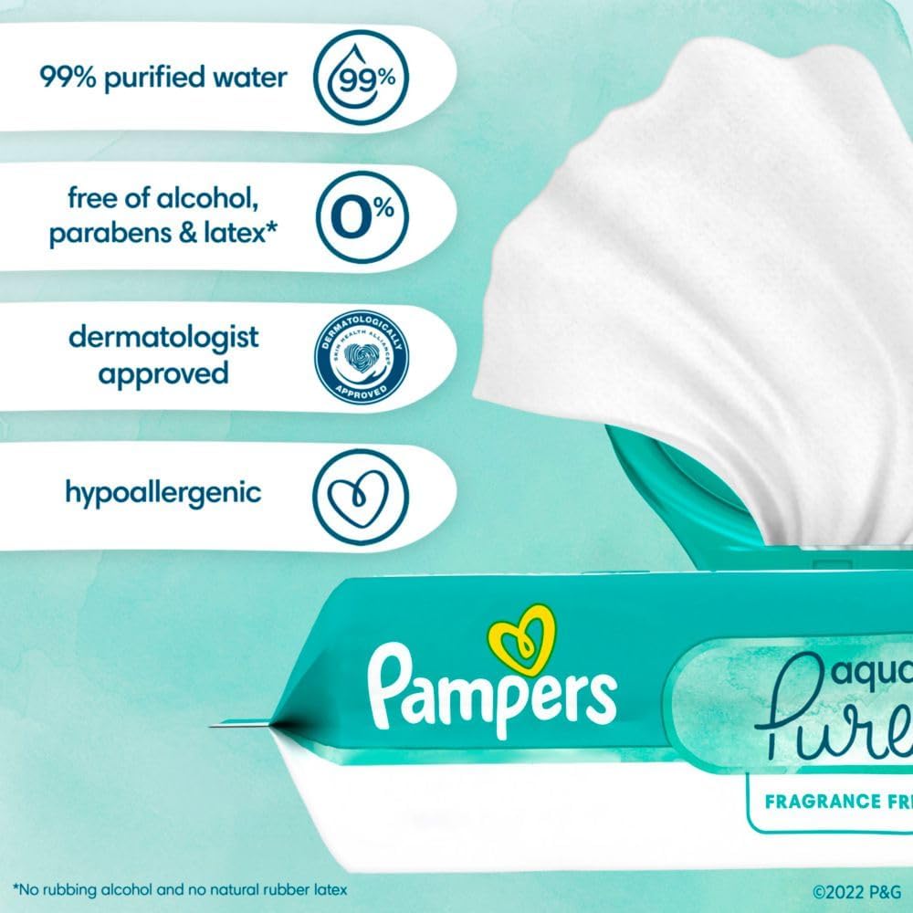 Pampers Baby Wipes Aqua Pure, 99% Water Based Wipes, Hypoallergenic and Unscented Infant Wipe, 336