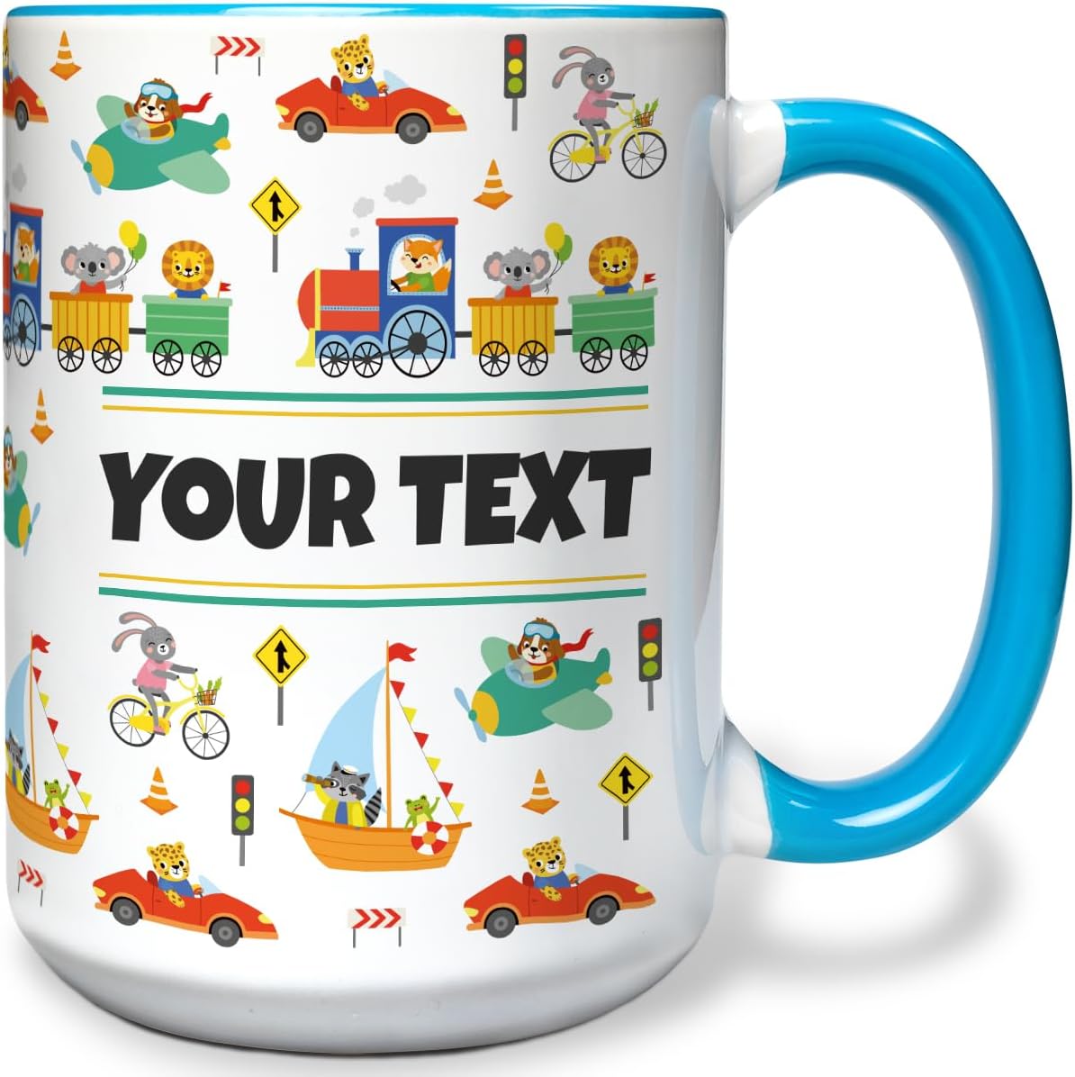 Personalized Mug for Kids - Vehicles - Custom Name/Text, Ceramic Hot Chocolate/Cocoa/Coffee Cup for