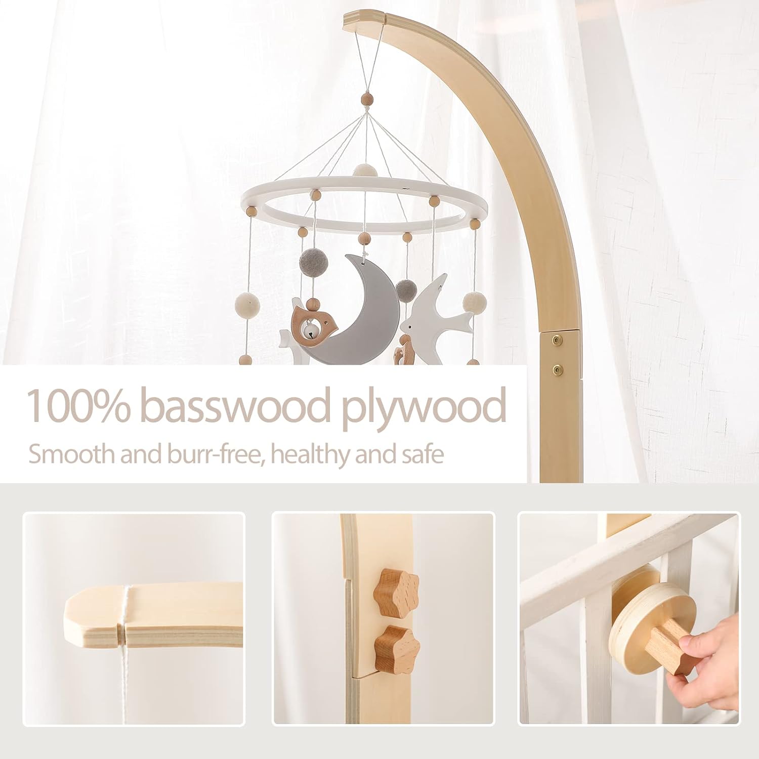 Baby Crib Mobile Arm - Wooden Baby Mobile Crib Holder for Hanging Baby Crib Attachment for Nursery