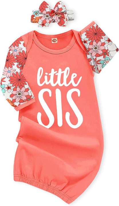 AMAWMW Newborn Baby Girl Little Sister Sleeper Gown Stripe Long Sleeve Nightgown Pajamas Gifts