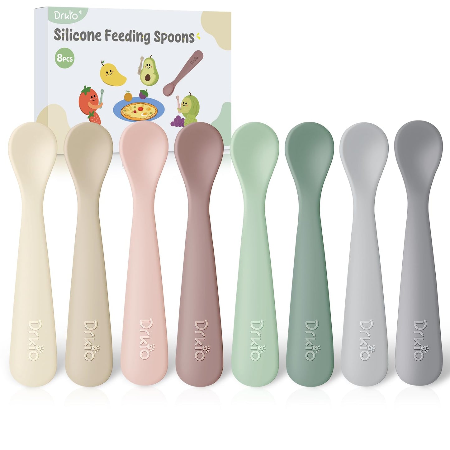DRKIO 8 Pcs Silicone Baby Spoons Infant Utensils for First Stage Feeding