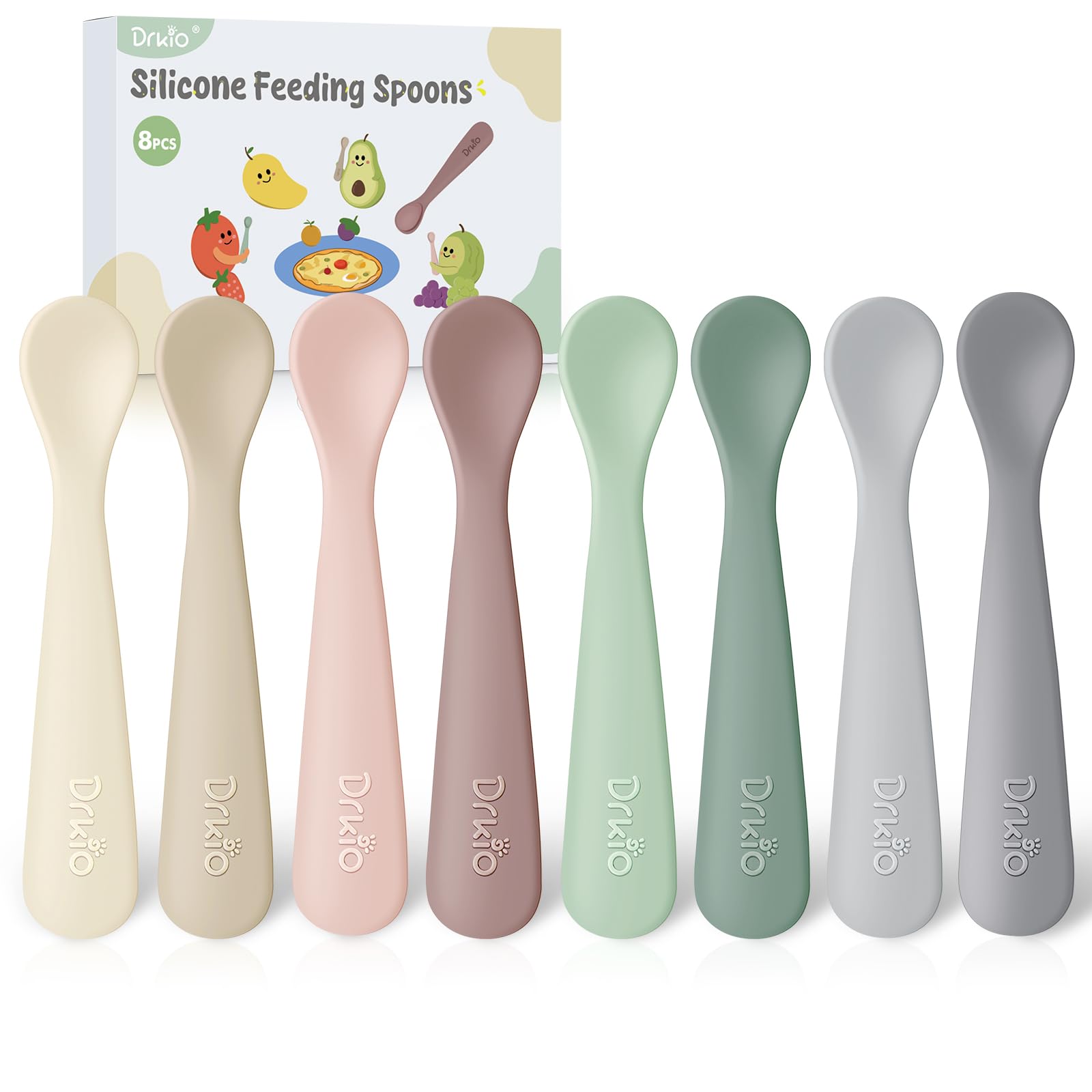 DRKIO 8 Pcs Silicone Baby Spoons Infant Utensils for First Stage Feeding