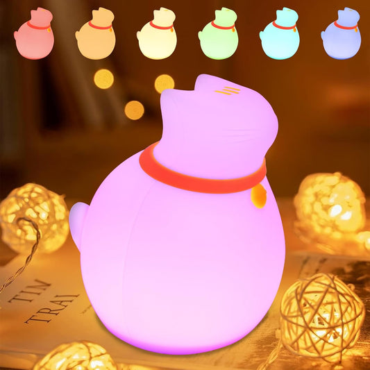 7-Color Changing Cat Night Light, Silicone Rechargeable Nursery Light with Timer & 3 Modes, Kids