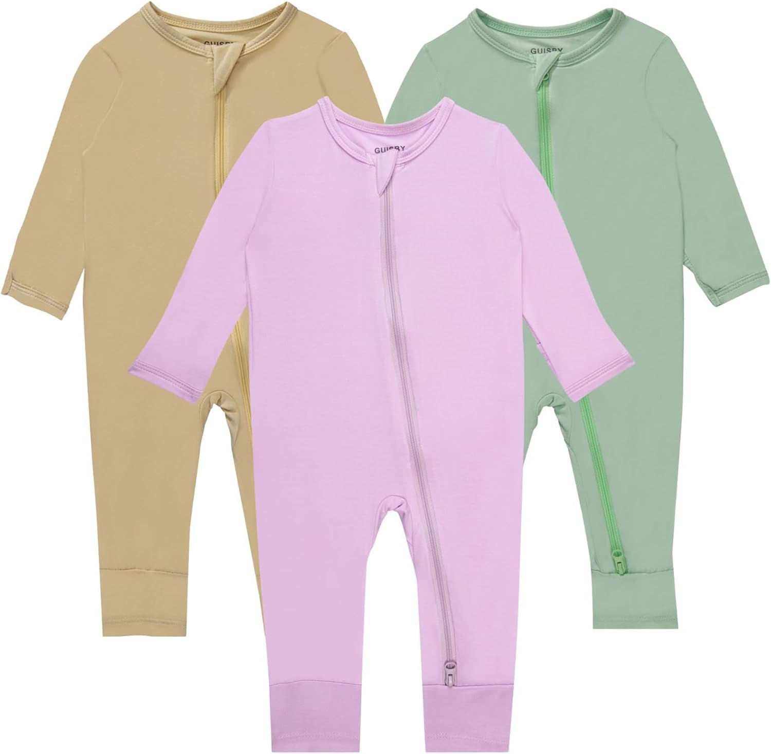 GUISBY Baby Pajamas with Mitten Cuffs - 3Pcs Girls Boys 2 Way Zipper Long Sleeve Rayon Sleepers