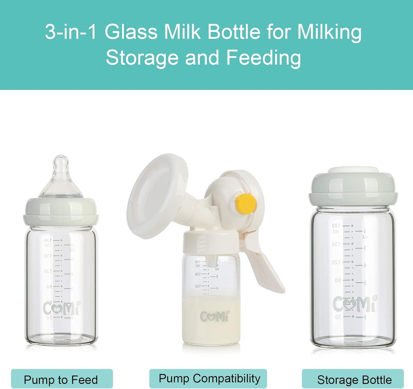 COMI Wide Neck Glass Breastmilk Collection n Storage Bottle, 6oz with Screw Ring Sealing Disk;