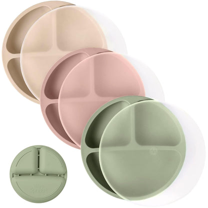 WeeSprout Silicone Plates with Lids for Babies & Toddlers (3 Pack) 100% Food-Grade Dishes for Self