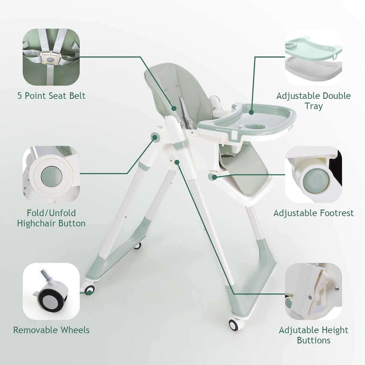 3 in 1 Baby High Chair with Wheels, Adjustable 5 Point Harness, Tray, Foot Rest, Backrest and Seat
