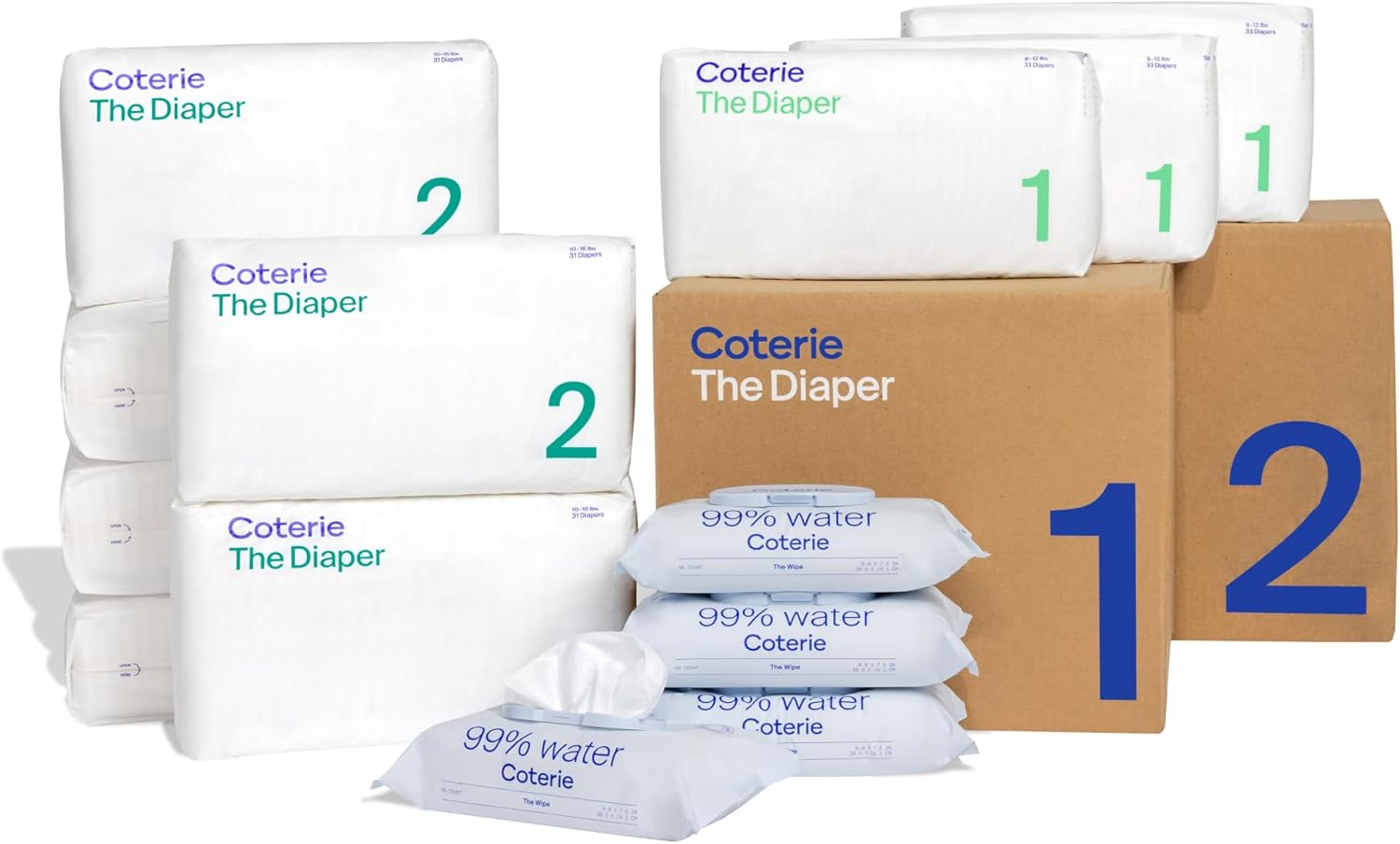 Coterie Baby Wipes + Diapers Kit, Size 1 (99 Count) & Size 2 Diapers (186 Count), 4 Pack (224) Baby