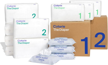 Coterie Baby Wipes + Diapers Kit, Size 1 (99 Count) & Size 2 Diapers (186 Count), 4 Pack (224) Baby
