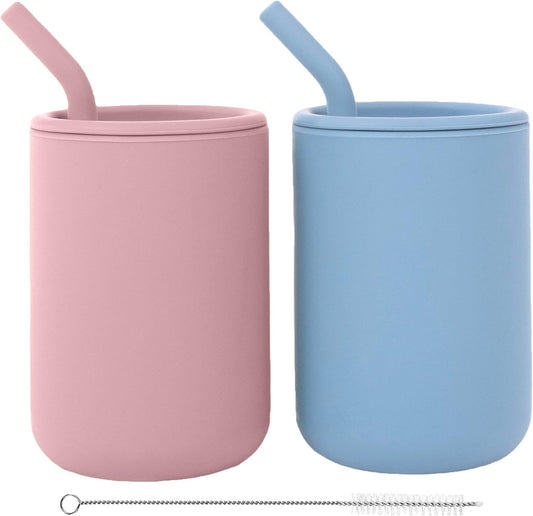 WeeSprout Silicone Baby Cups With Straws and Lids, 4 & 8 oz Options, Set of 2, Food Grade Toddler