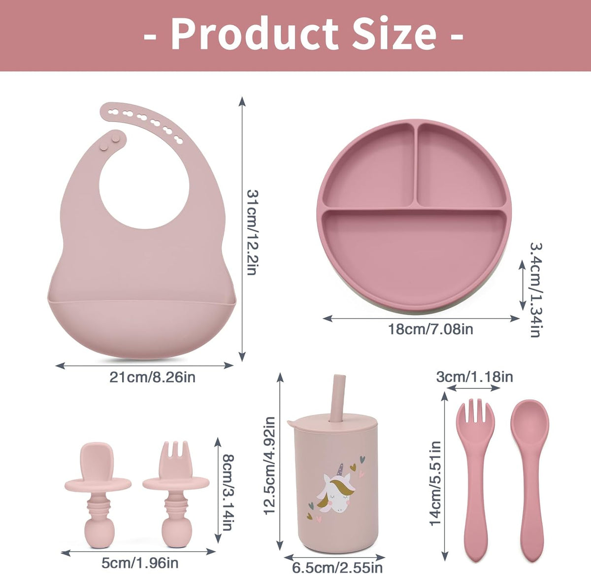 Silicone Baby Feeding Set, Baby Led Weaning Supplies, Baby Spoons Suction Divided Plate Bib Cup