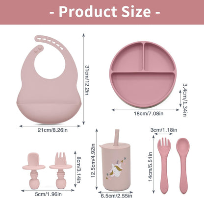 Silicone Baby Feeding Set, Baby Led Weaning Supplies, Baby Spoons Suction Divided Plate Bib Cup