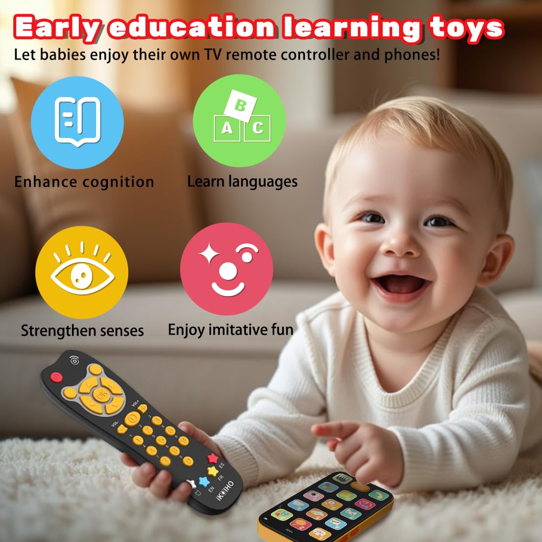 Baby Phone TV Remote Toy Set with Music Light for 6+ Months, Orange