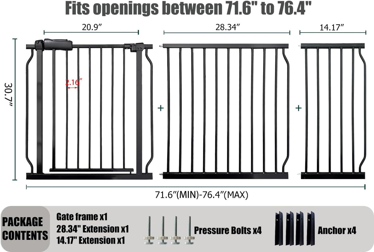 Extra Wide Baby Gates - 71.6-76.4 Inch, Black Metal Pressure Mounted Child & Pet Gates for Stairs &