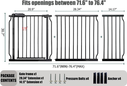 Extra Wide Baby Gates - 71.6-76.4 Inch, Black Metal Pressure Mounted Child & Pet Gates for Stairs &