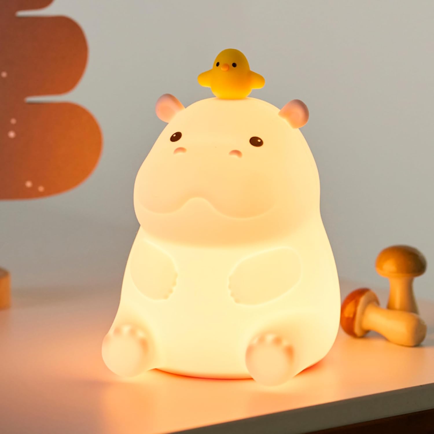 Hippo Night Light, Cute Silicone Squishy LED Lamp, Dimmable Nursery Nightlight, Rechargeable