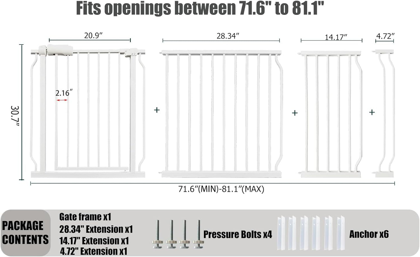 Heavy Duty Baby & Dog Safety Gate - Extra Wide 76.4-81.1 Inch, White Metal, Tension Mounted No