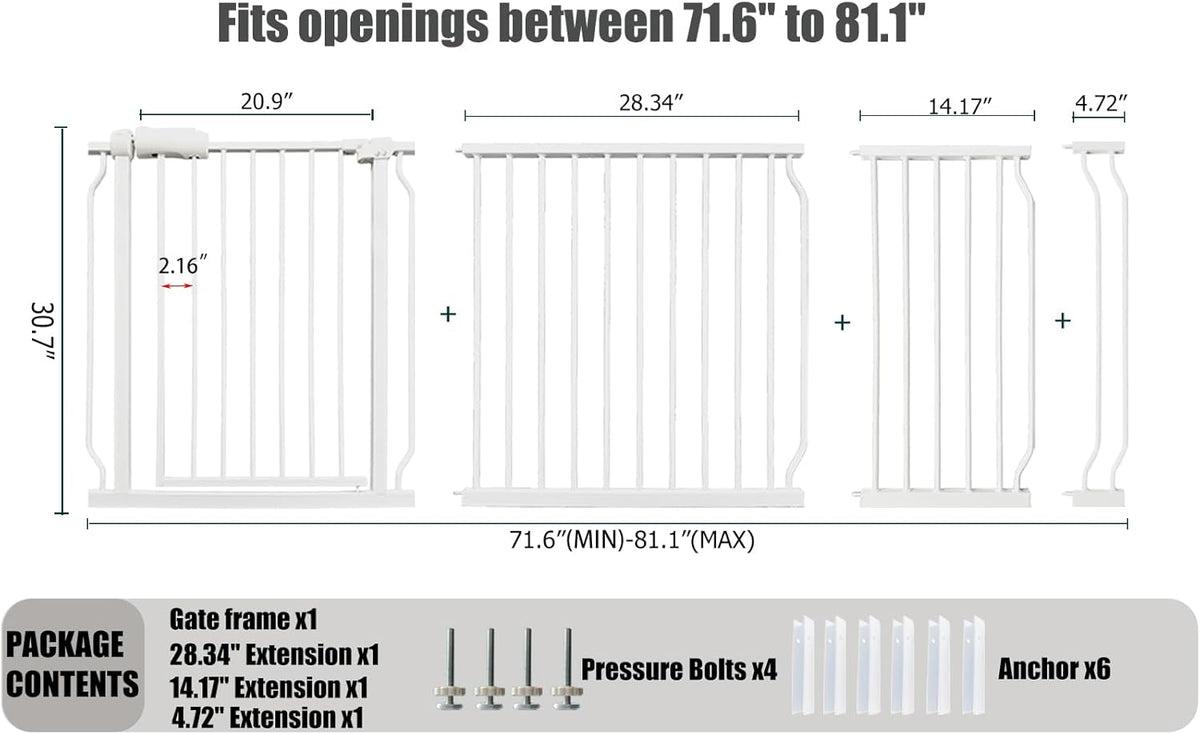 Heavy Duty Baby & Dog Safety Gate - Extra Wide 76.4-81.1 Inch, White Metal, Tension Mounted No