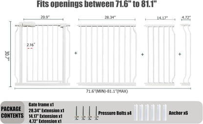 Heavy Duty Baby & Dog Safety Gate - Extra Wide 76.4-81.1 Inch, White Metal, Tension Mounted No