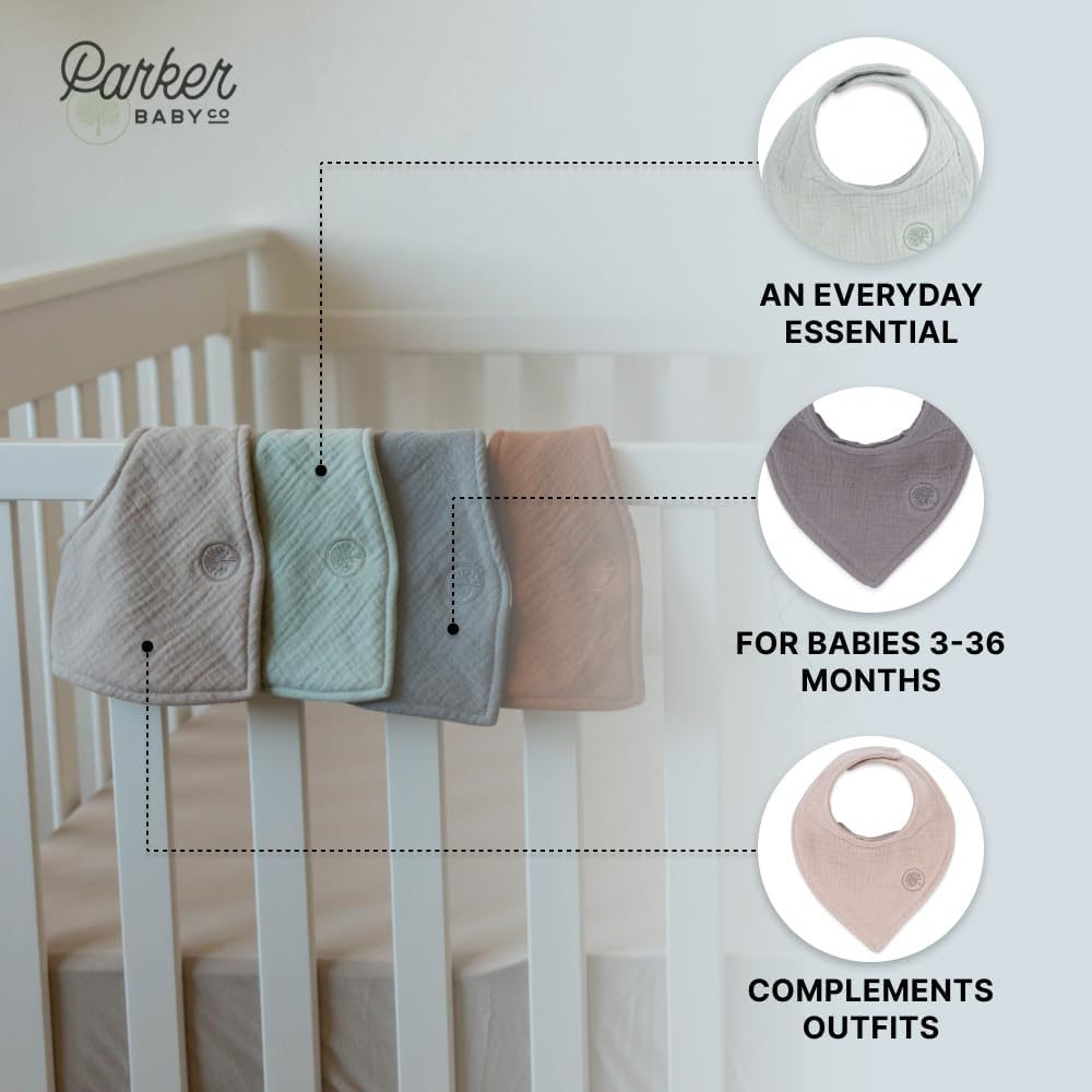 Parker Baby Muslin Bandana Drool Bibs | 100% Soft Muslin Cotton, Absorbent & Adjustable | Stylish