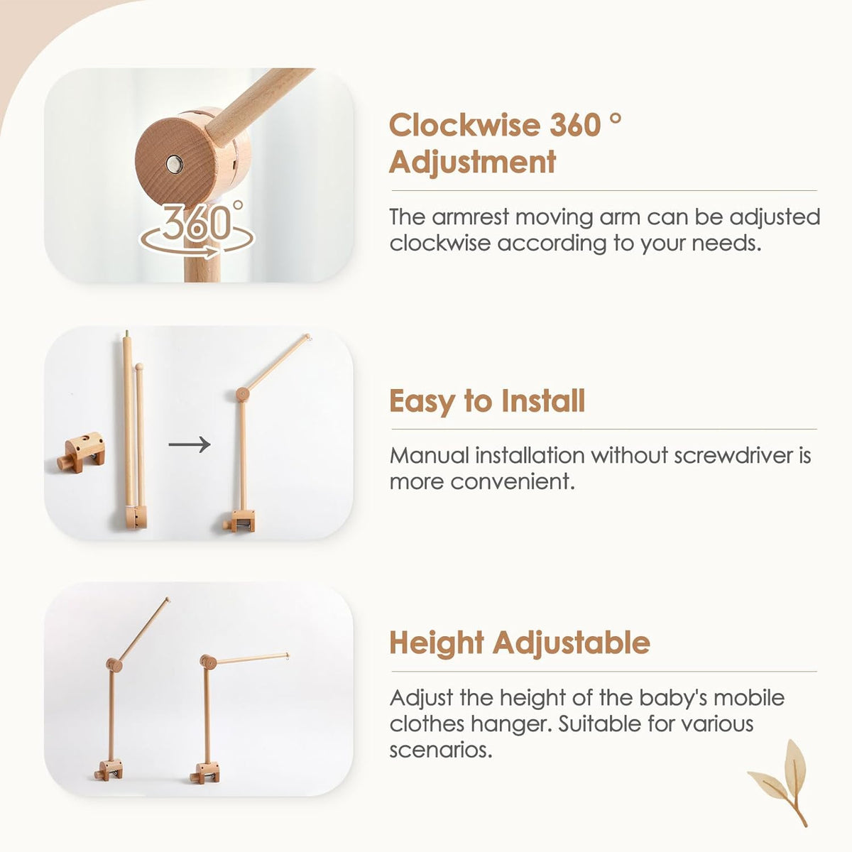HI BABY MONMENT Crib Mobile Arm - Rotating Baby Mobile Hanger, Natural Beech Wood, Mobile Stand for
