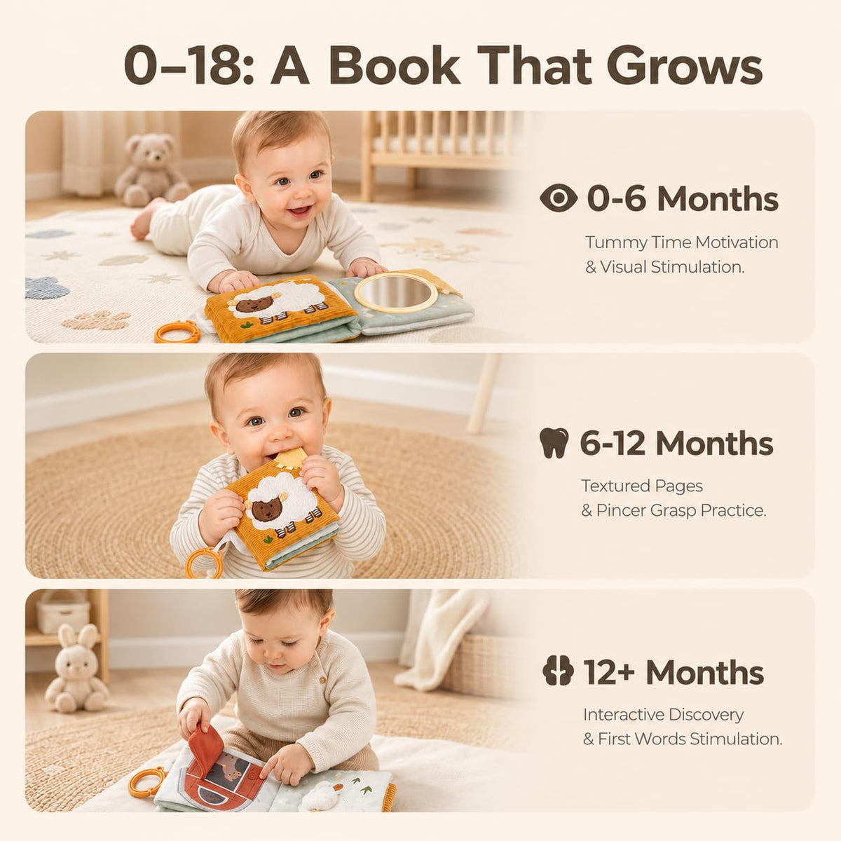 let's make Montessori Baby Books Toys, Touch Feel Cloth Crinkle Books for Babies, Sensory Book for