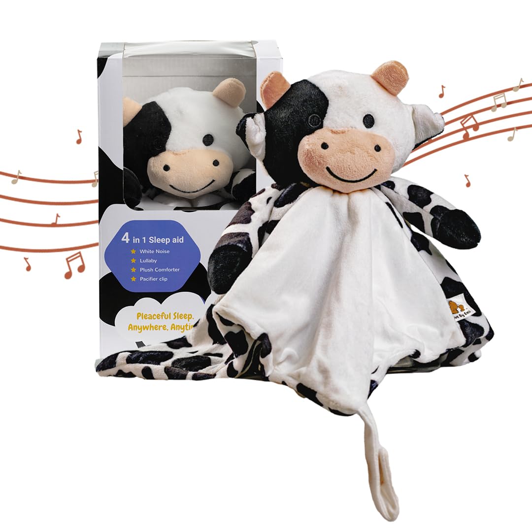 Love By Emi Baby Music Lovey Black & White Cow, Baby Sleep Soother for Crib & Cuddle Bedtime, White