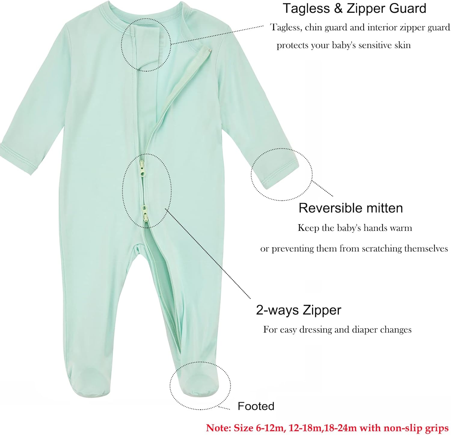 Aablexema Baby Zipper Pajamas Bamboo Rayon, 3pcs Unisex Infant Onesie with Mitten Long Sleeve
