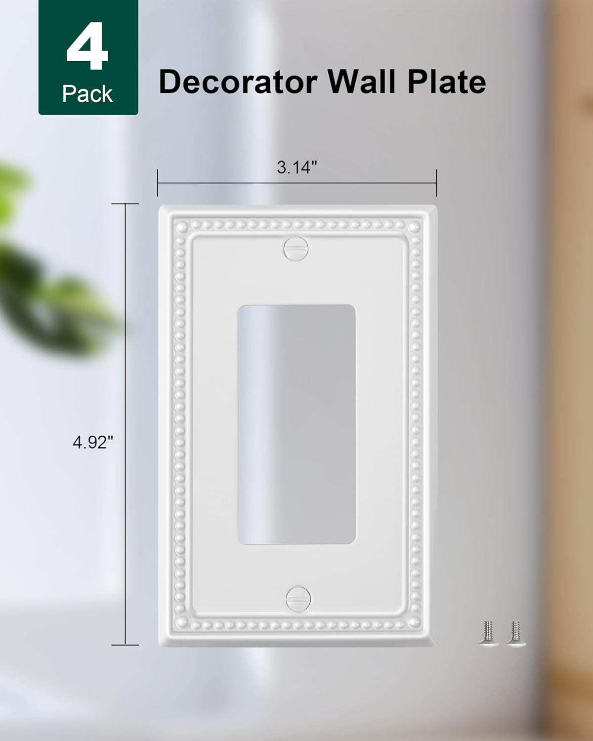 4-Pack Decorator Outlet Cover Plate, Decorative Switch Plates and Outlet Covers, Pure White Metal