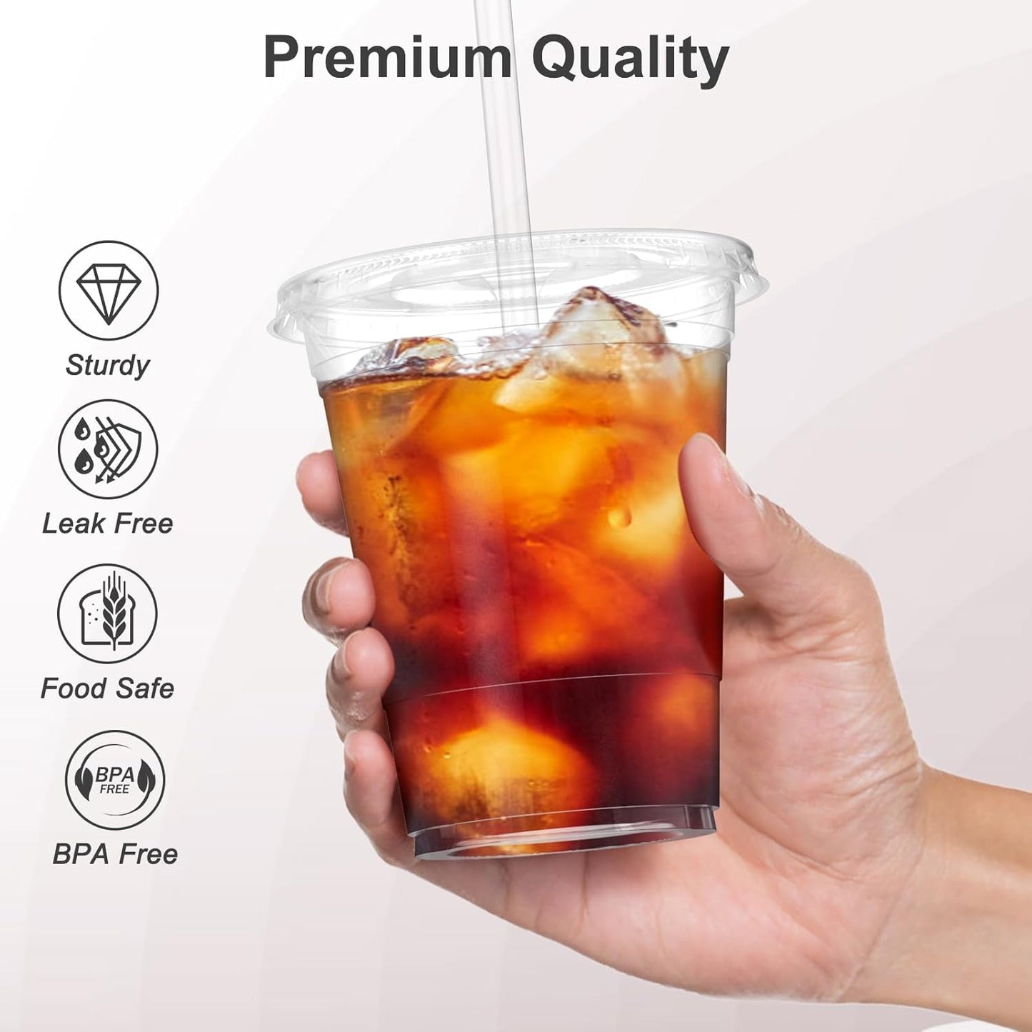 100 Pack - 16 oz Clear Plastic Cups with Lids and Straws, Sturdy & Food Safe Iced Coffee Cups with