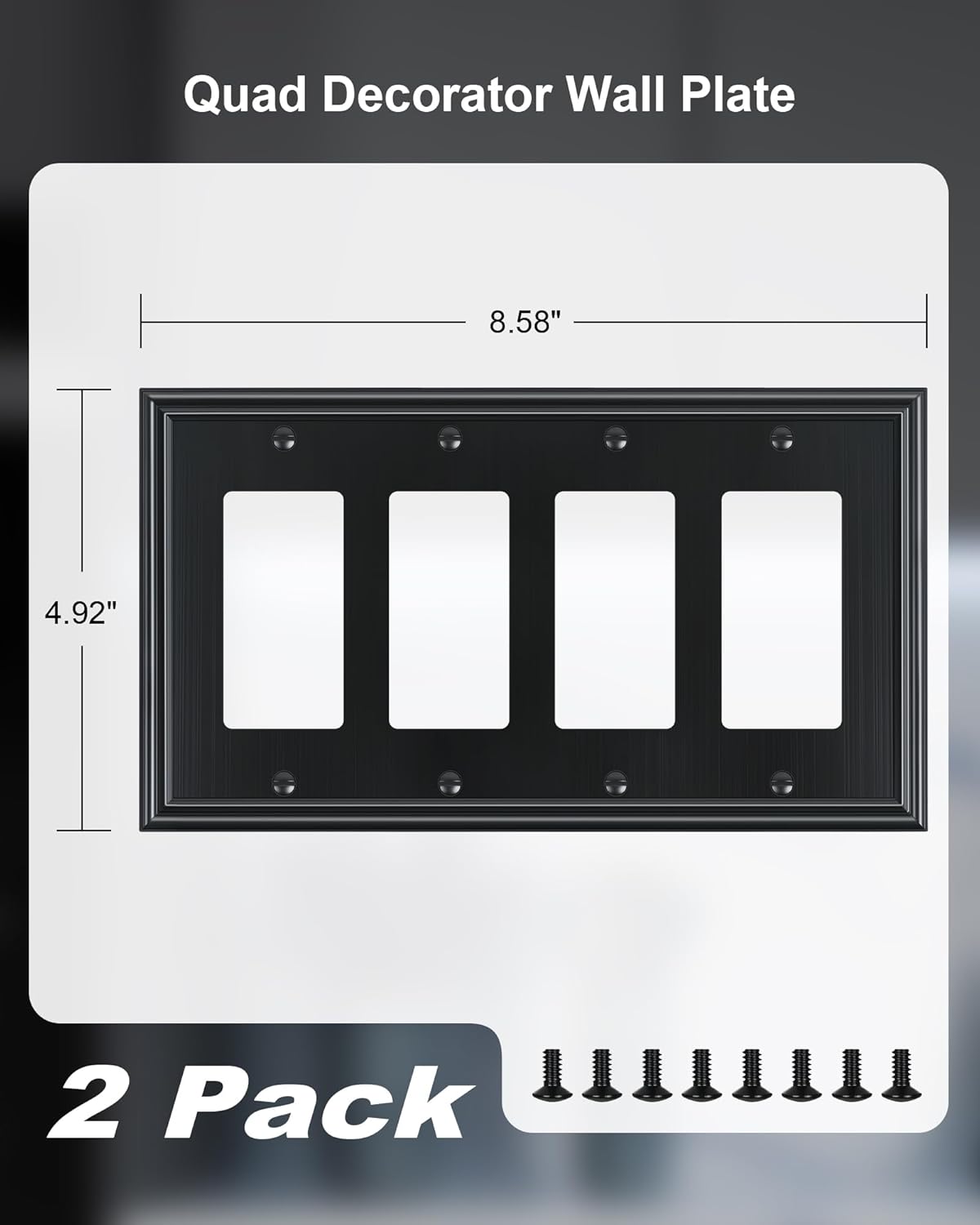 2-Pack Quad Decorator Outlet Cover Plate, Zinc Alloy Decorative Black Switch Plates and Outlet