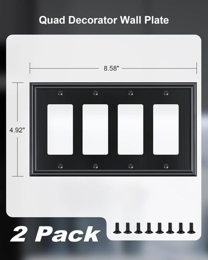 2-Pack Quad Decorator Outlet Cover Plate, Zinc Alloy Decorative Black Switch Plates and Outlet