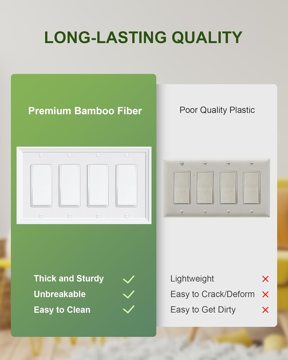 2-Pack Quad Decorator Outlet Cover Plate, White Decorative Switch Plates and Outlet Covers, Natural