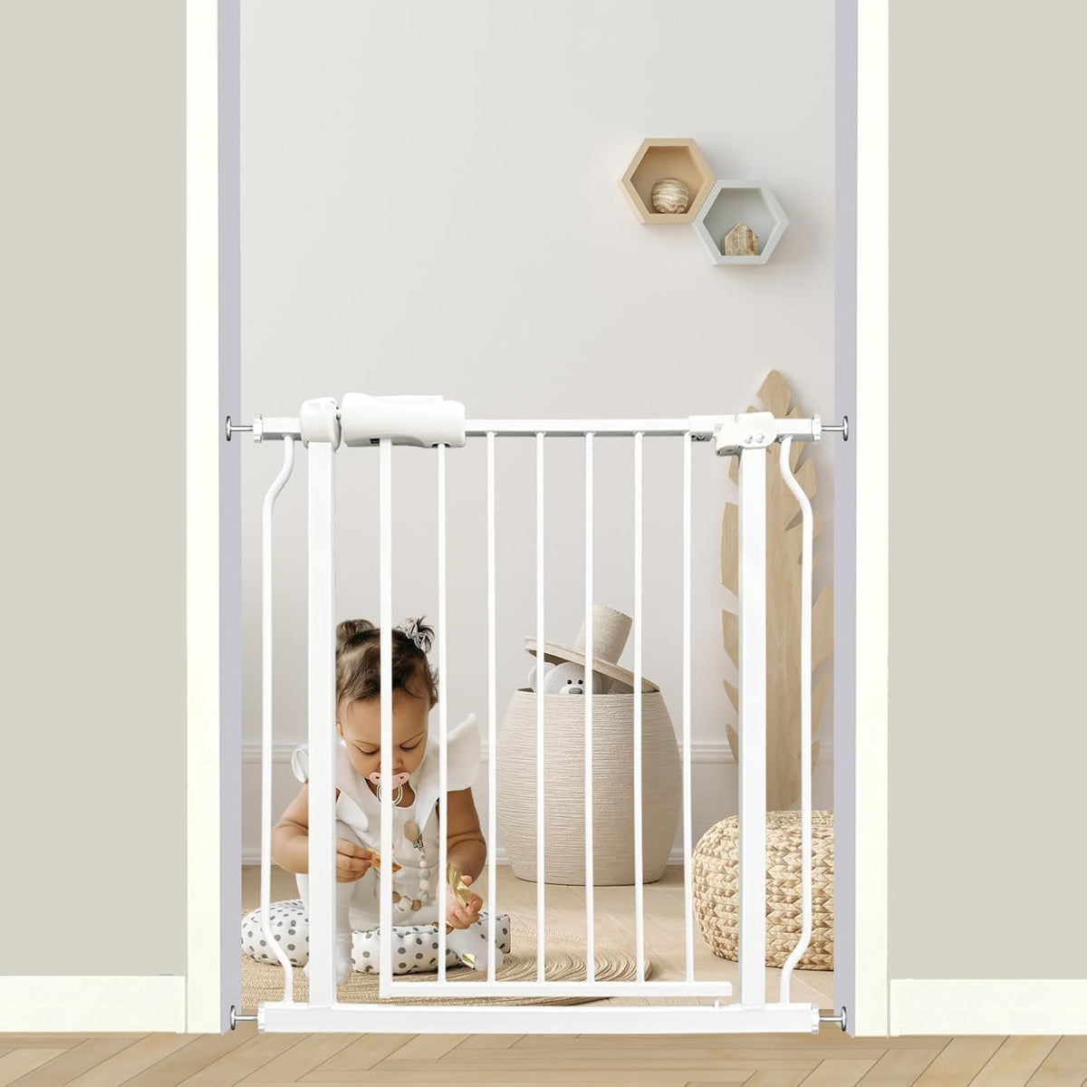 29-34 Inch Baby & Pet Gate - White Metal, Pressure Mounted, Walk Through Safety Gate for Narrow