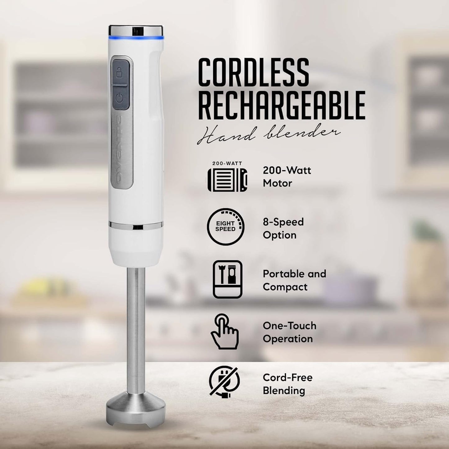 OVENTE Cordless Immersion Hand Blender, Rechargeable Handheld Portable Stick Mixer with 8 Mixing