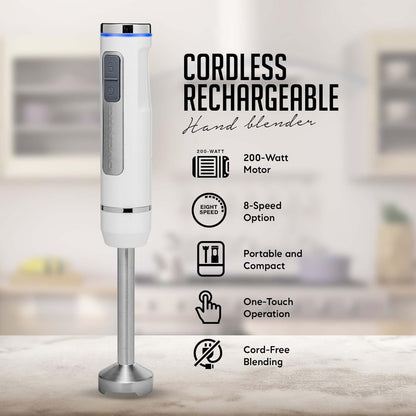 OVENTE Cordless Immersion Hand Blender, Rechargeable Handheld Portable Stick Mixer with 8 Mixing