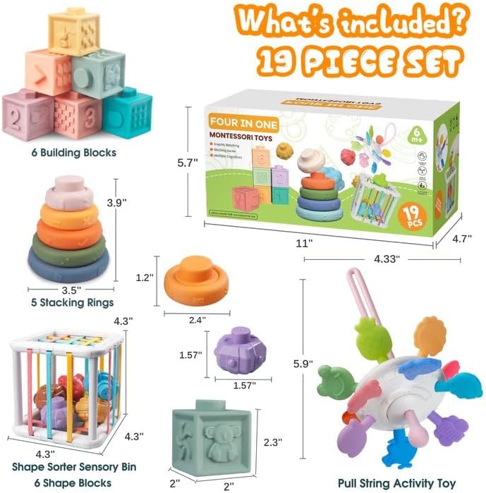 4-in-1 Baby Toys for 6-12 Months, Montessori Soft Stacking Blocks for Babies, Infants Teething