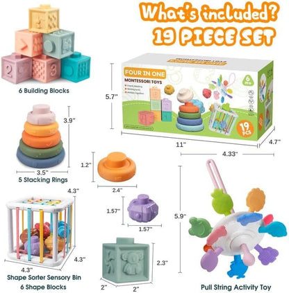 4-in-1 Baby Toys for 6-12 Months, Montessori Soft Stacking Blocks for Babies, Infants Teething