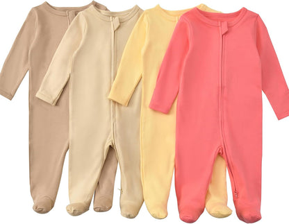Aablexema Baby Footed Pajamas with Mitten Cuffs Zipper 4-Pack Infant Newborn Cotton Long Sleeve